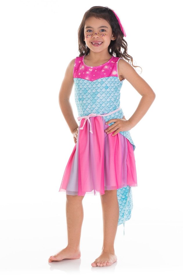 Vestido Infantil Menina - Fantasia Sereia com Calda Azul em Poliéster