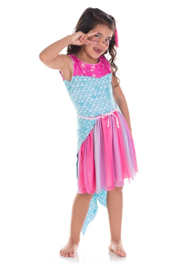 Fantasia de Sereia Infantil Azul de Carnaval Com Cauda e Top no
