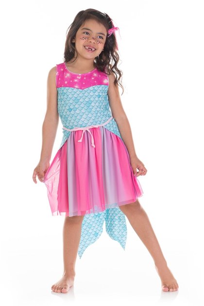 Vestido Infantil Menina - Fantasia Sereia com Calda Azul em Poliéster