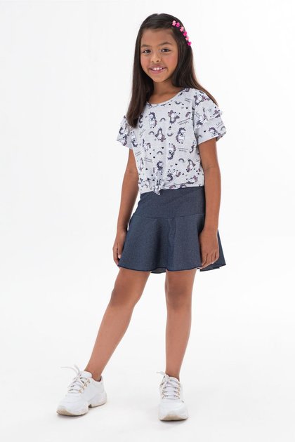 Conjunto infantil menina em cotton e short saia em moletom - Tam 2