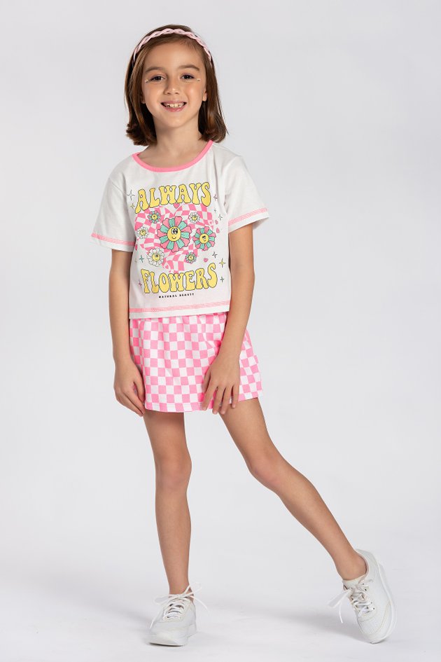 Conjunto infantil menina em cotton e short saia em moletom - Tam 2